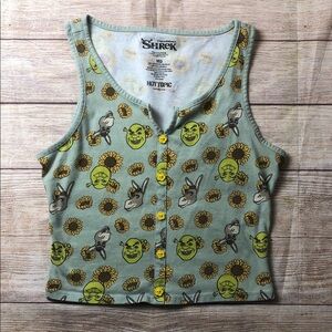 Hot Topic Shrek Print Crop Top with Yellow Buttons